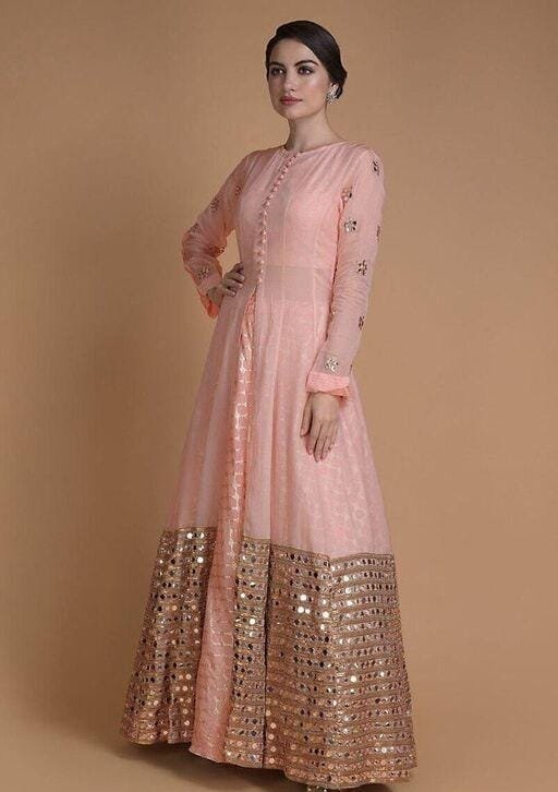 Designer Pink Silk Overcoat and Pink Korva Border Anarkali Dress | The  Nesavu – The Nesavu