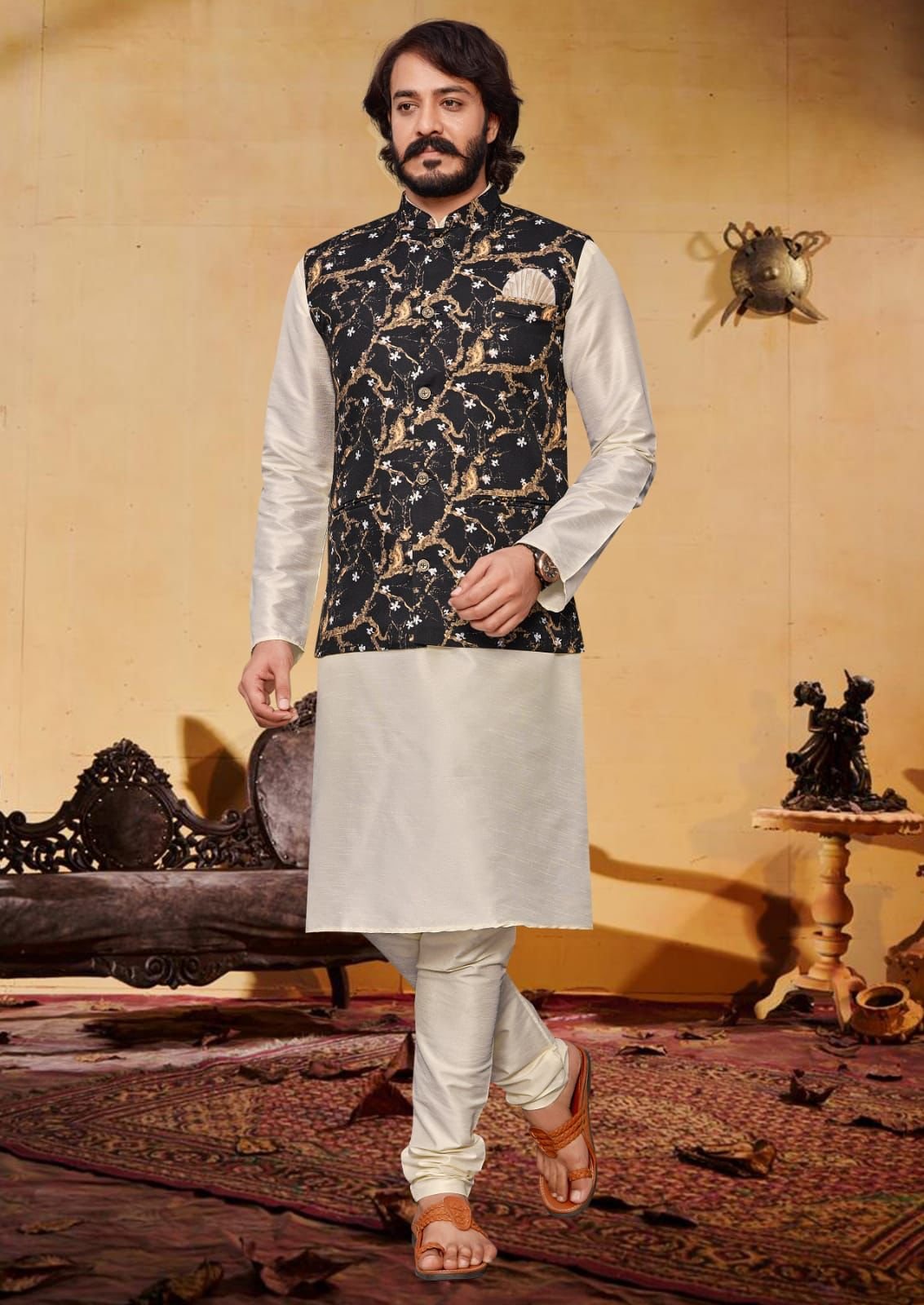 Silk Navy Blue Color Festive Wear Readymade Men Stylish Kurta Pyjama With  Nehru Jacket