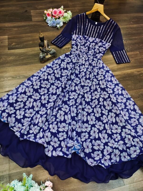 Blue Mirror Work Floral Gown