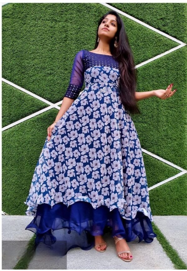 Blue Mirror Work Floral Gown