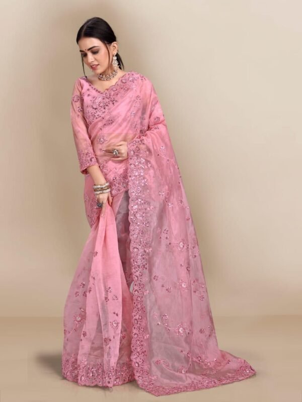 Pink Organza Saree With Embroidery Work