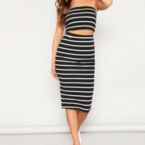 Women's 2 Pieces Striped Crop Tube Top and Split Skirt Set