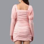 Pink Check Short Full Sleeve Bodycon Dress