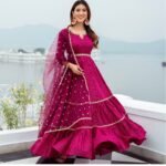 Pink Flaired Party Wear Indian Gown With Dupatta