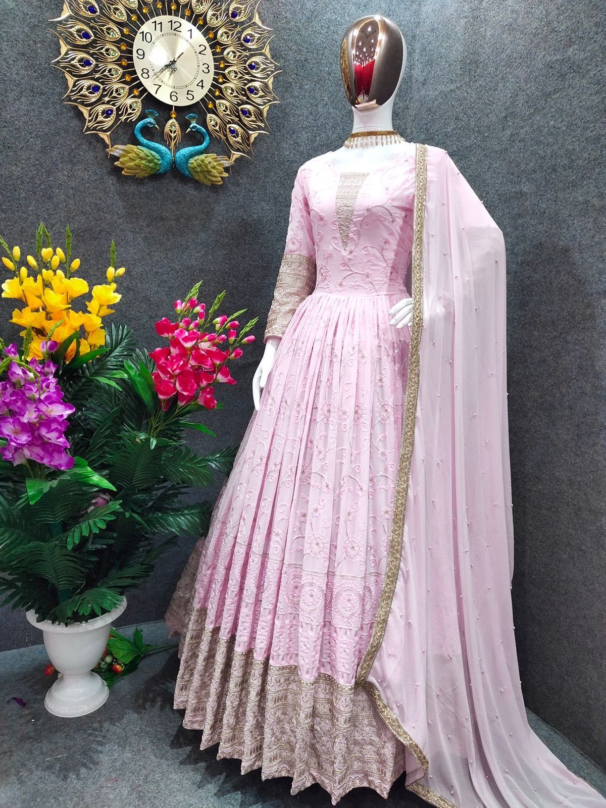 Light Pink Color Long Anarkali Dupatta Dress Pakistani Indian Wedding Party  Wear Beautiful Embroidery Worked Floor Touch Anarkali Gown Suits - Etsy