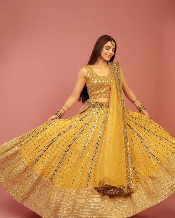 Beautiful Mirror Work Yellow Lehenga