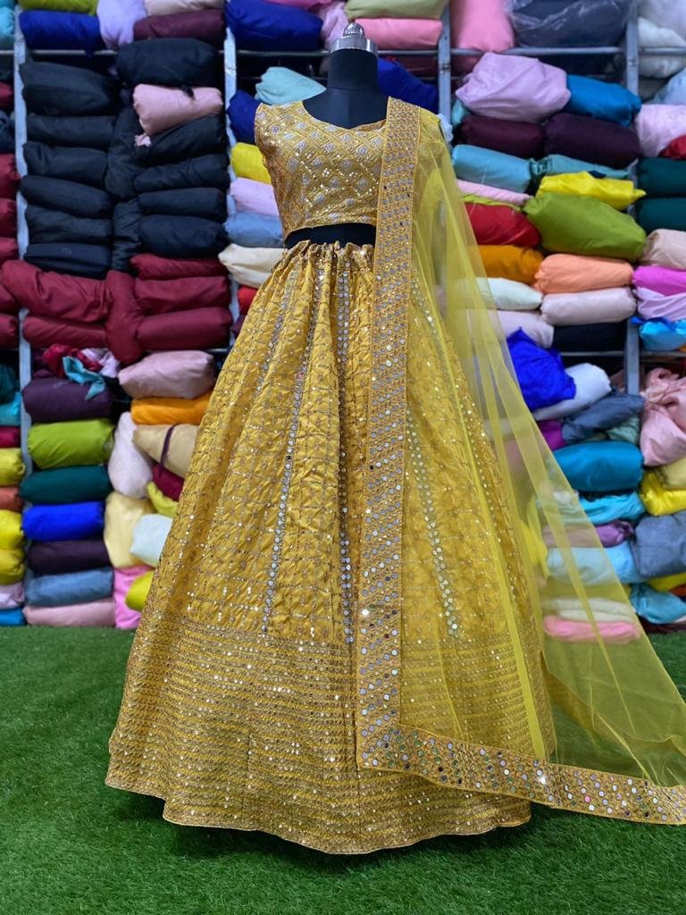 Buy Yellow Organza Embroidered Mirror Work V Neck Bridal Lehenga Set For  Women by Aneesh Agarwaal Online at Aza Fashions.