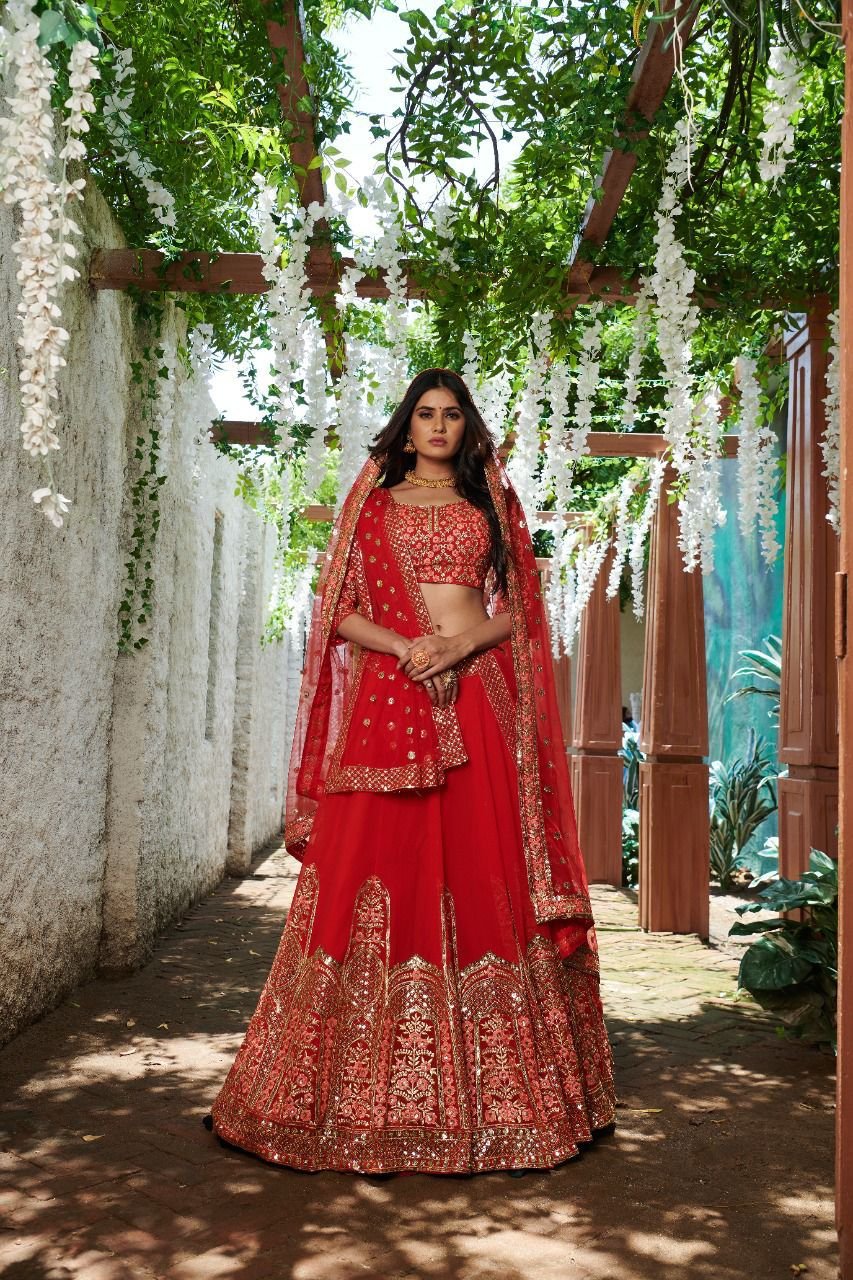 Embellished Heavy Look Embroidered Work On Red Color Silk Fabric Bridal  Lehenga Choli
