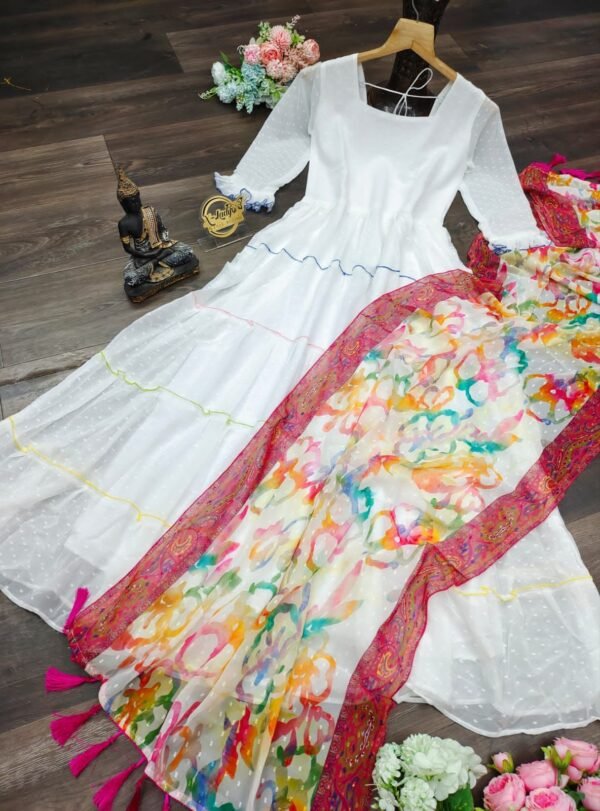 White Anarkali Gown With Dupatta