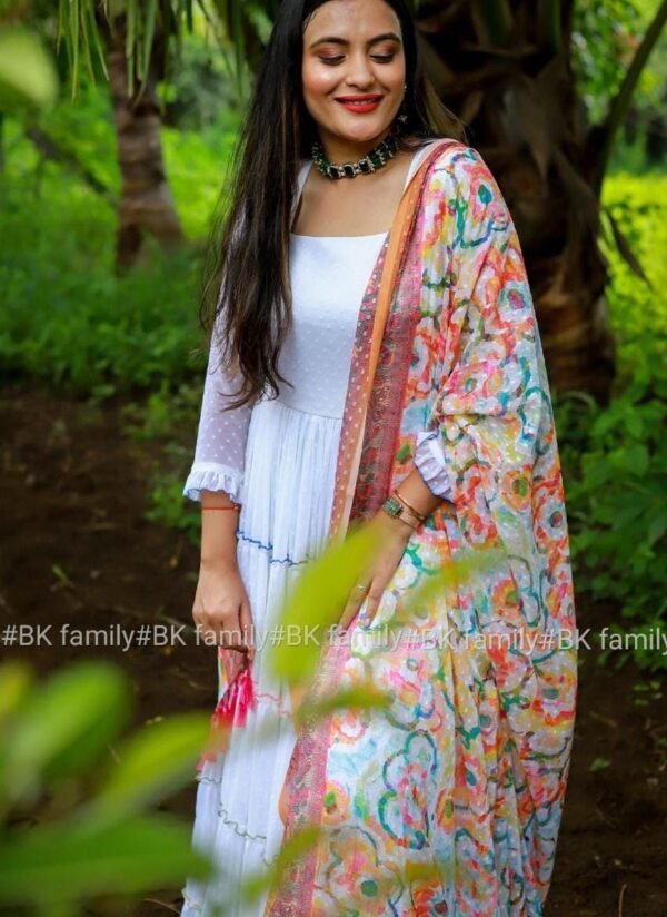 White Anarkali Gown With Dupatta