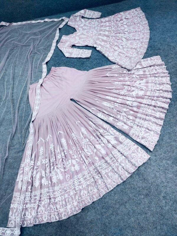 Baby Pink Thread Work Embroidery Kurti Sharara Set