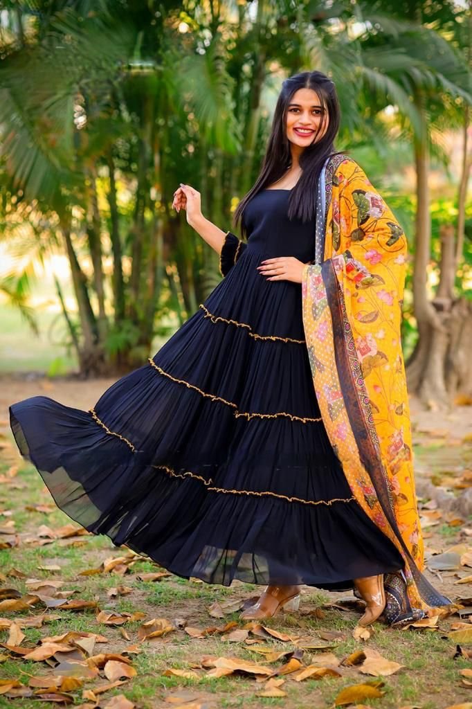 Art Silk Fabric Black Color Ingenious Gown With Dupatta | Gown with dupatta,  Silk anarkali suits, Silk gown