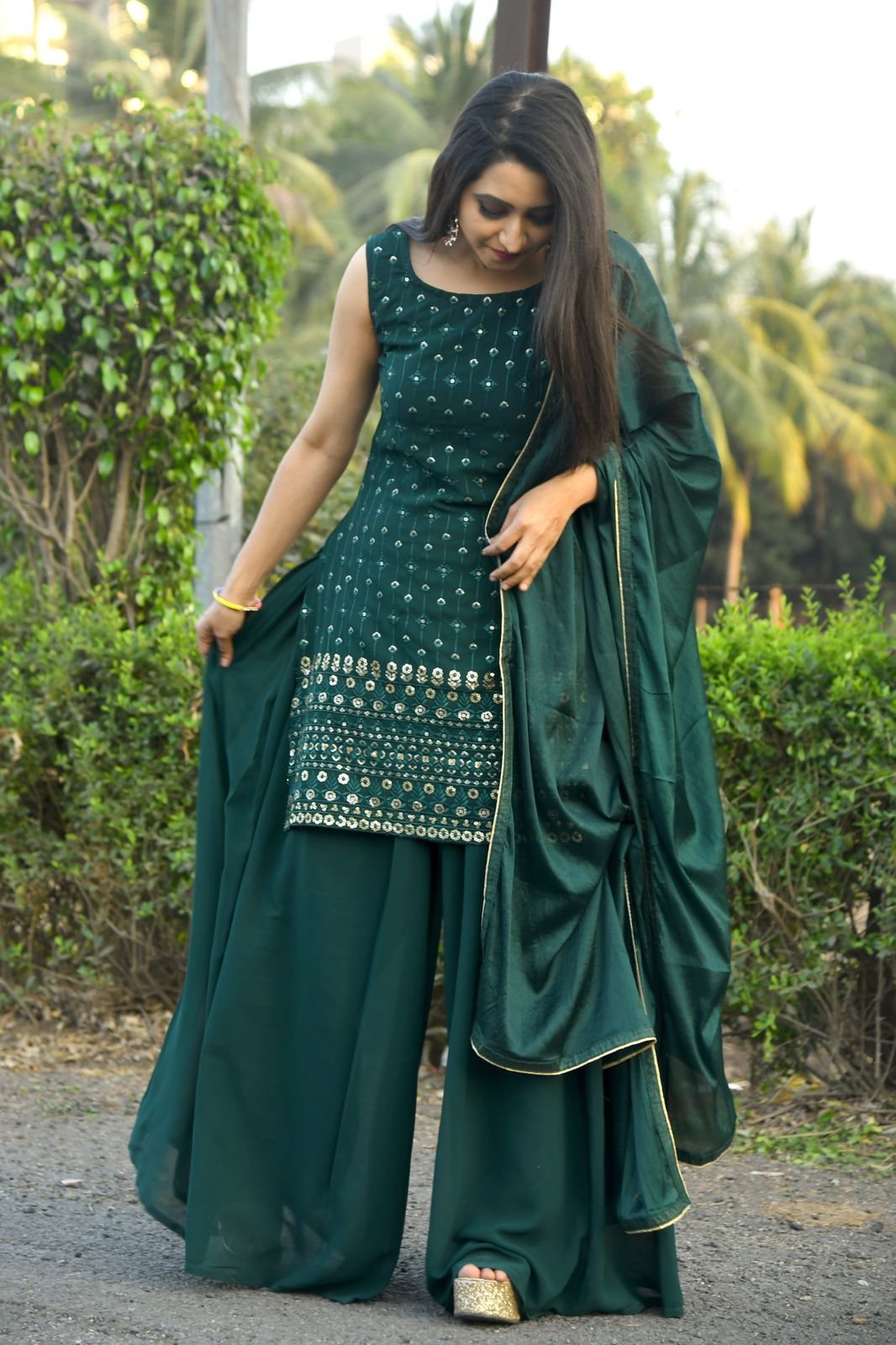 Buy Online Traditional Mehendi & Sea Green Color Long Skirt And Kurti –  Lady India