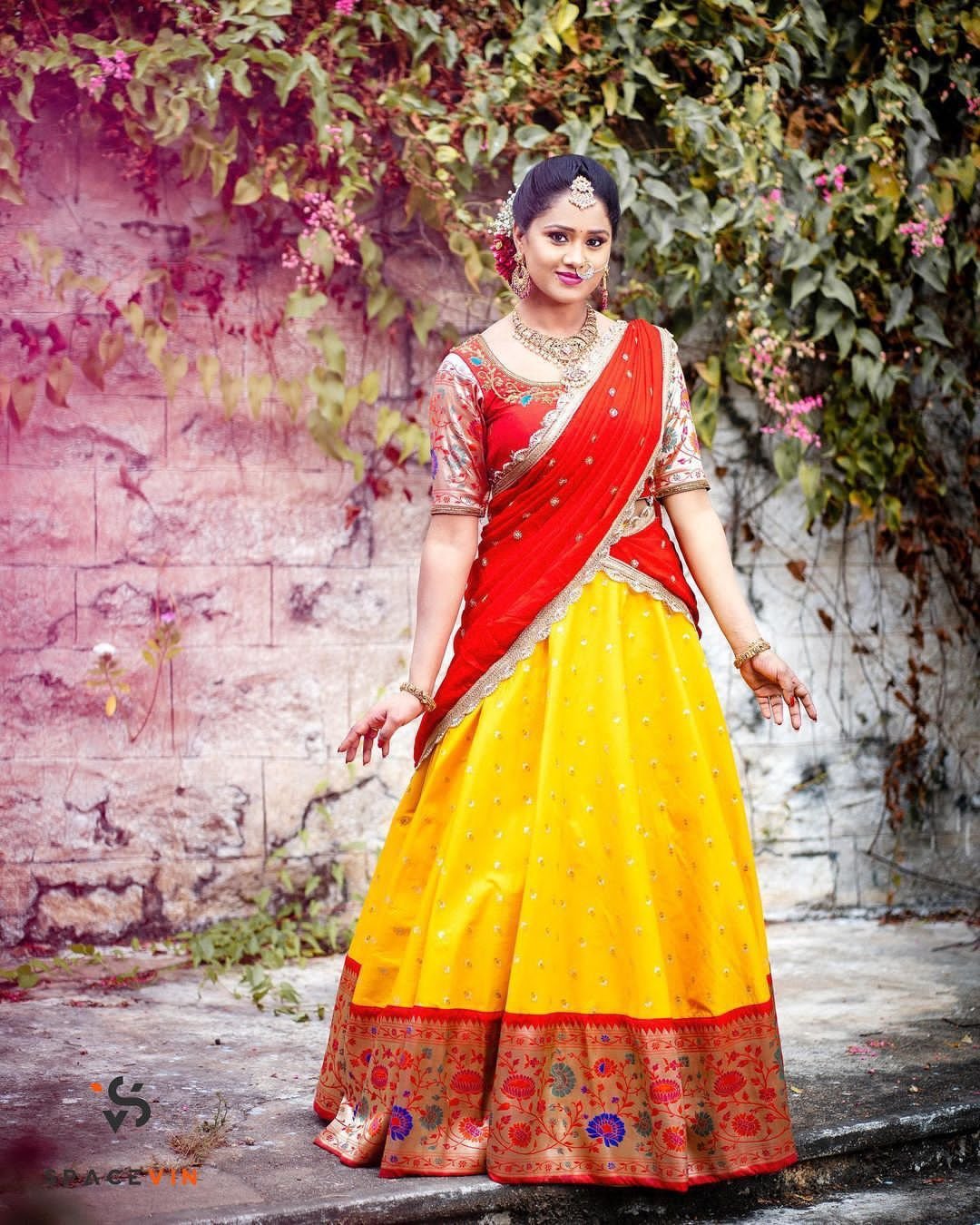 Latest South Indian Style Semi-Stitched Half Saree for Women (Morpich) :  Amazon.in: Fashion