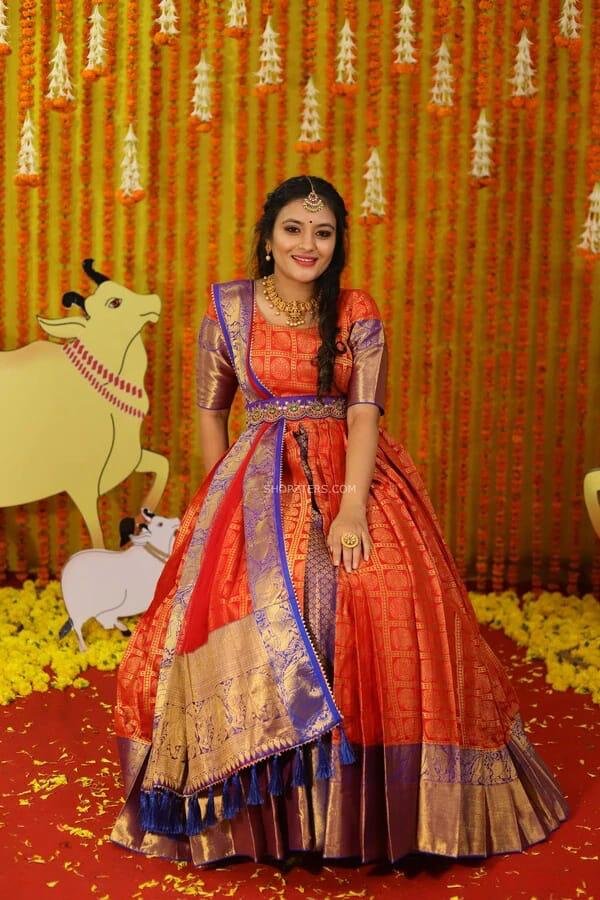Buy Nila Girls South Indian Tradition Pattu Pavada Lehenga Choli Dress  TISSUE LIGHT GOLD ART SILK REDDISH MEROON WITH GOLDEN FLOWER DESIGNS (12-18  Months) at Amazon.in