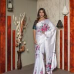 White Satin Floral Printed Saree