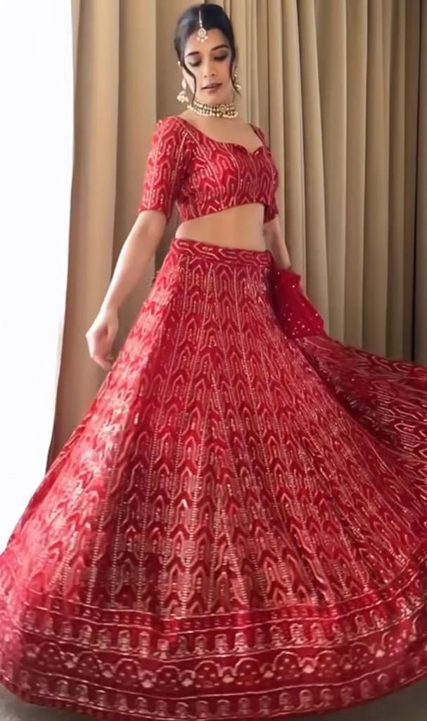 Red Coloured Soft Butter Fly Net with Heavy Sequence Embroidery Work Woman Designer  Party wear Lehenga Choli with Dupatta Set !! – Royskart