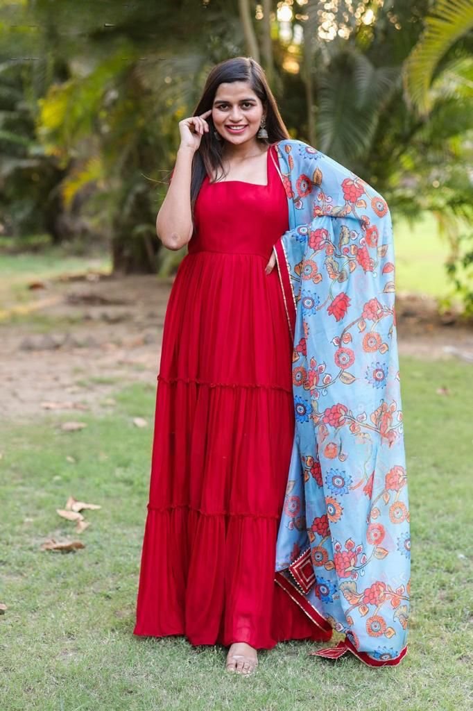 Red soft silk banarasi full flaired long frock - Blieveme