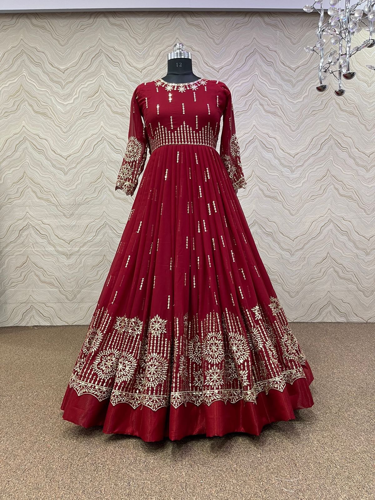 Buy Full Stitched Handwork Embroidered,Beaded, Crystal Beads, Sequence  Fully finie Finished Work & Golden Marron Work Gown Dress (S) at Amazon.in
