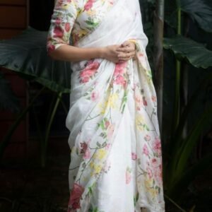 Fashionable Floral printed Organza White Saree