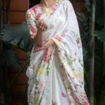 Fashionable Floral printed Organza White Saree